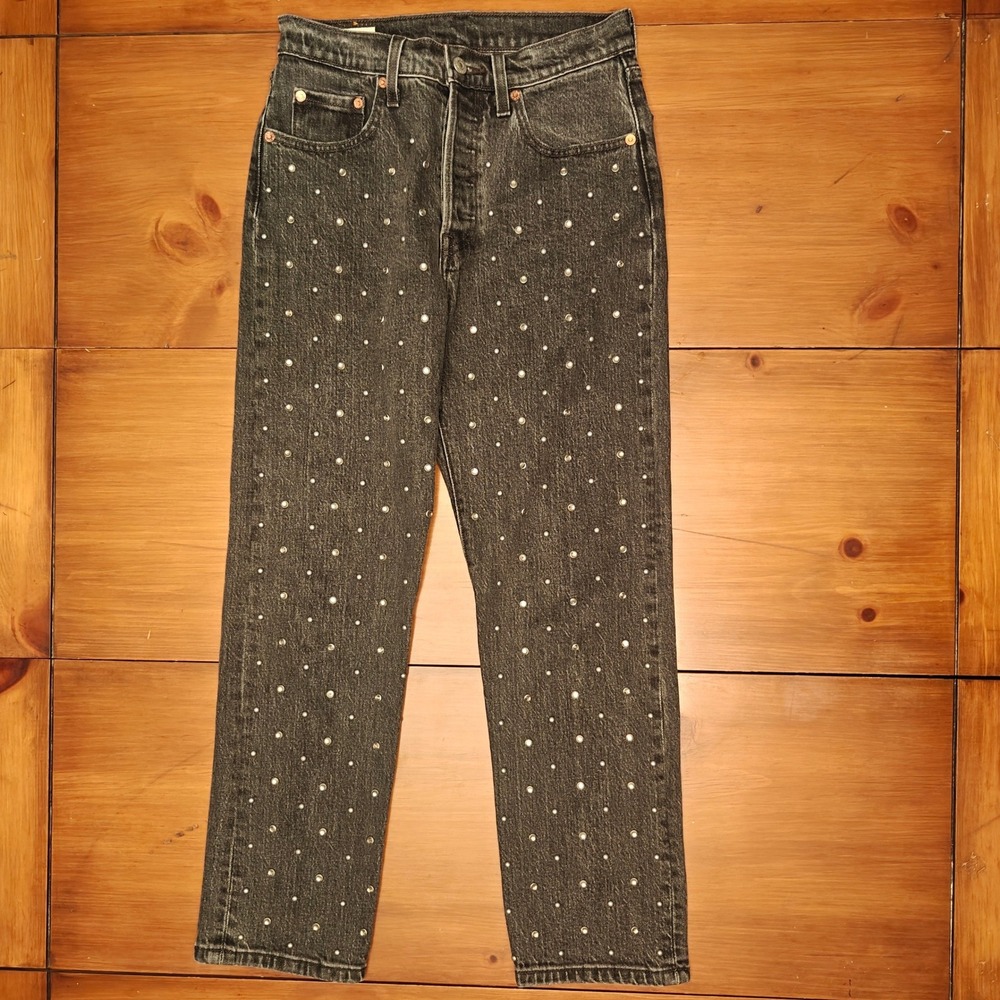 Levi's 501 Jeans Womens 24 Faded Black Wash Rhinestone Studded Straight Leg Pant